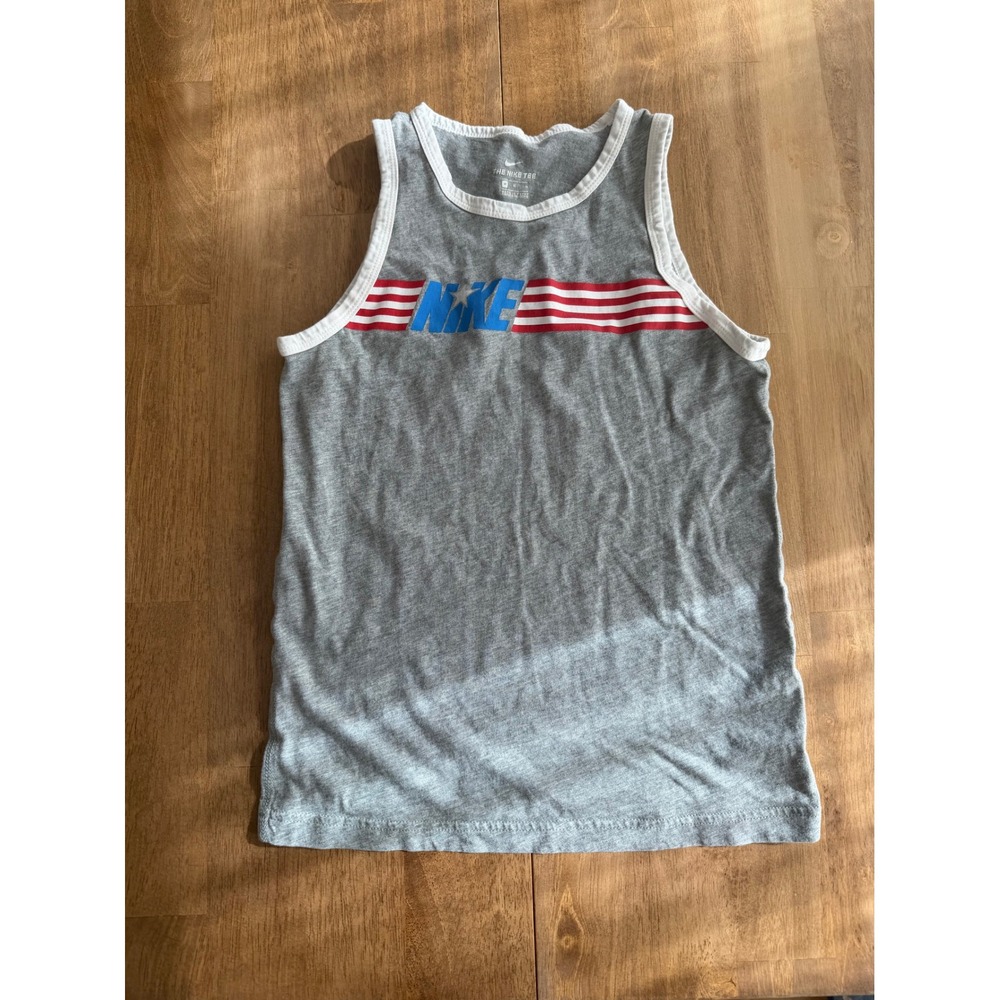 Nike Boys Gray Americana Tank Top Blue Logo Red Stripes Size Medium M
